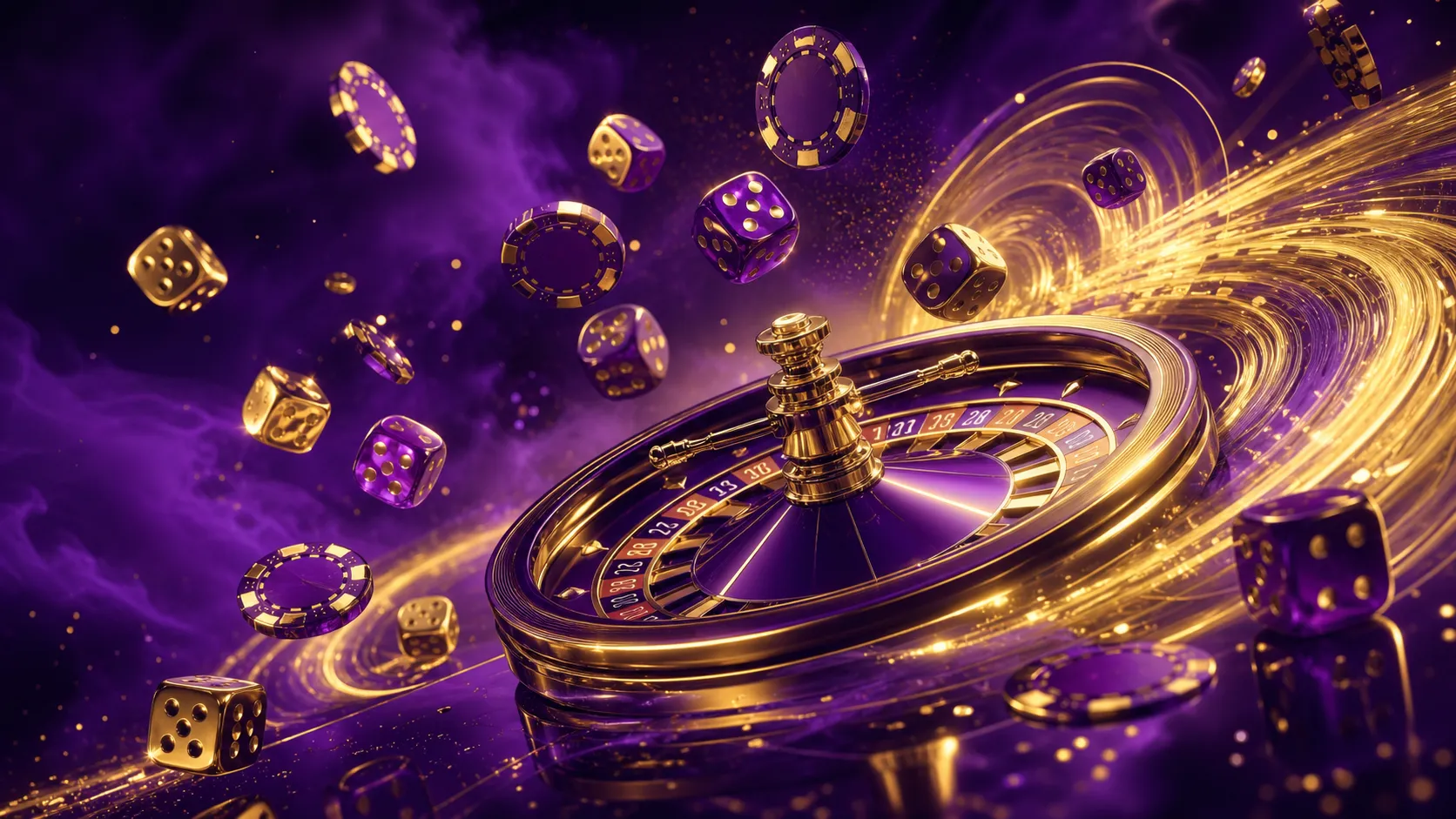 Luxurious online casino banner with neon glowing dice and poker chips in dynamic motion