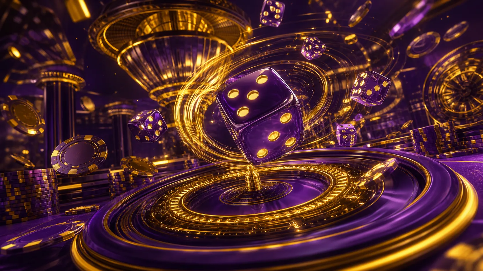 Luxury casino hero banner for Dicespin with poker chips, dice, and neon accents in a sleek, vibrant design.